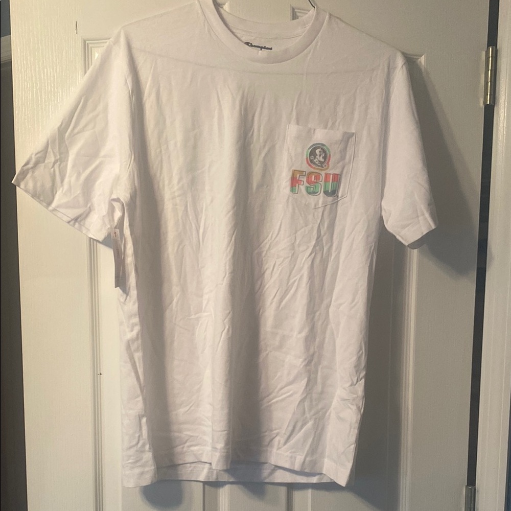 Champion White Short Sleeve Tee with Multicolor FSU Logo